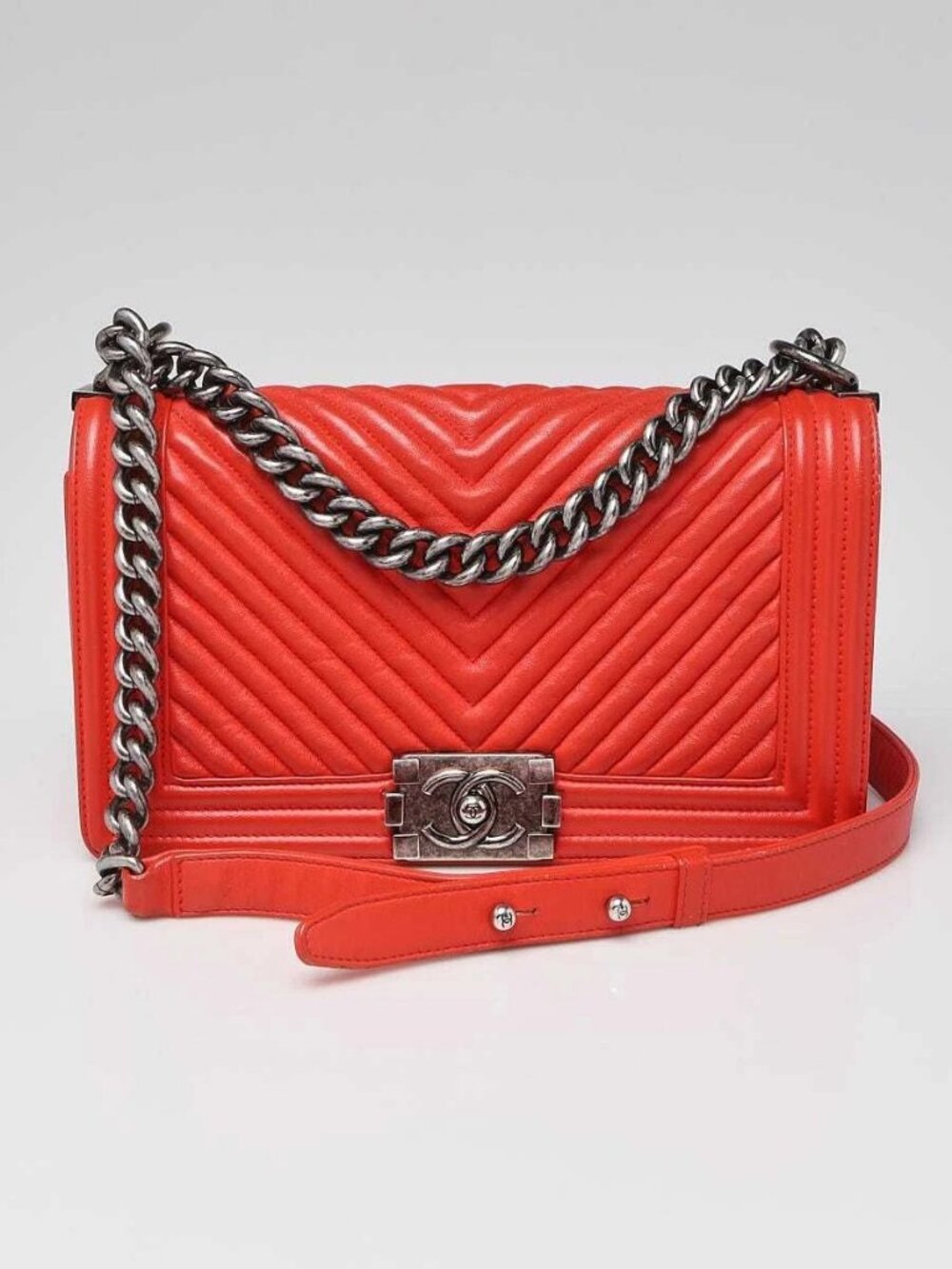 Chanel Orange Chevron Quilted Lambskin Leather Medium Boy Bag